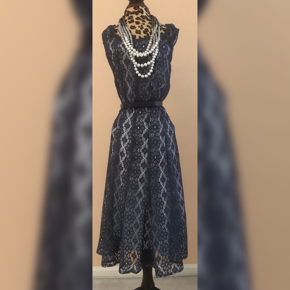 Leslie Fay Sleeveless Blue Lace Dress with Belt Size 12